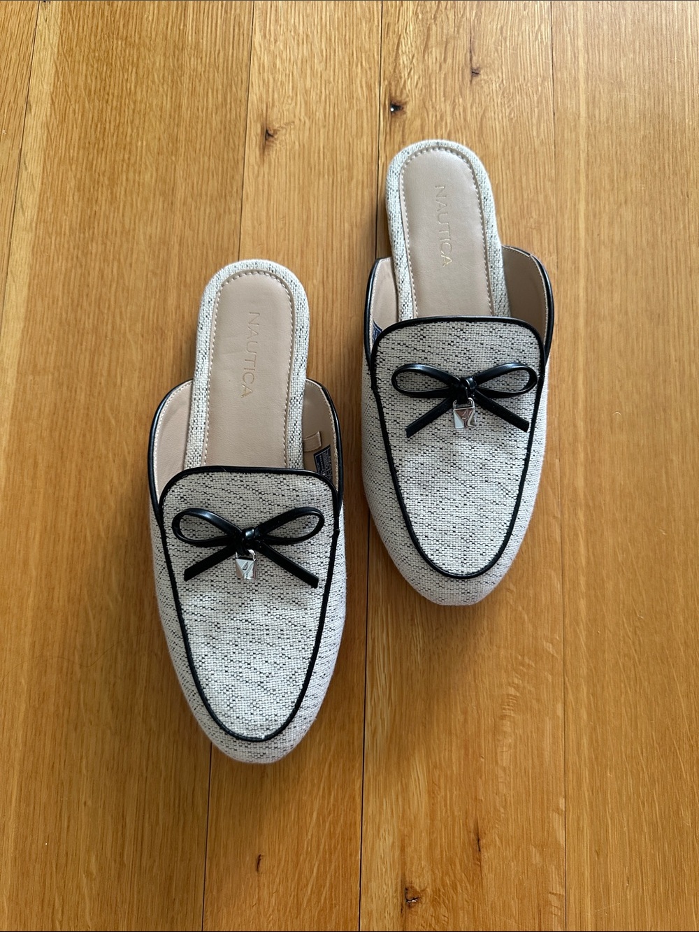 Nautica Cream Woven Slip-On Mules with Black Trim and Bow